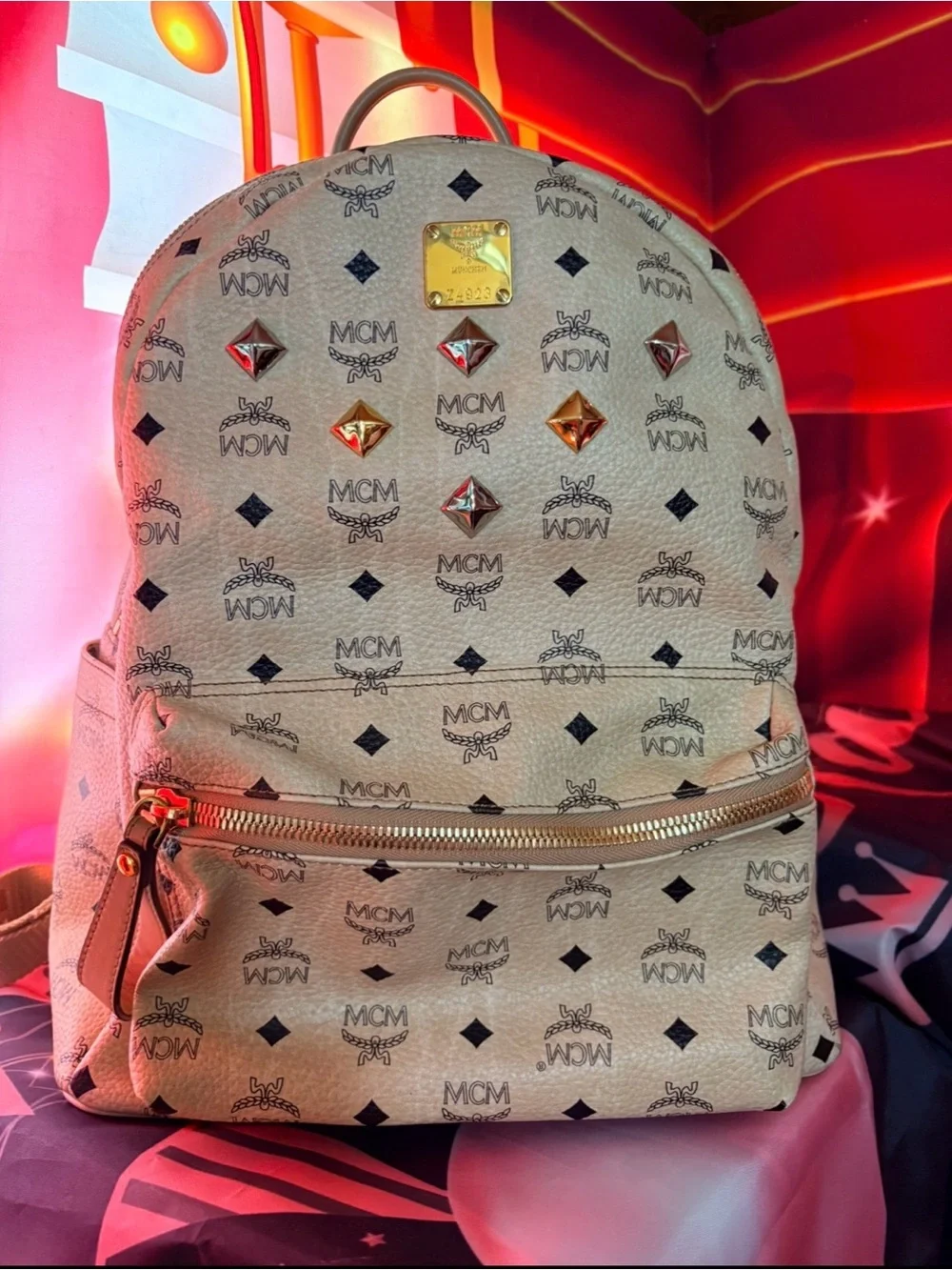MCM Beige Visetos Logo Studded Backpack with Gold Plaque